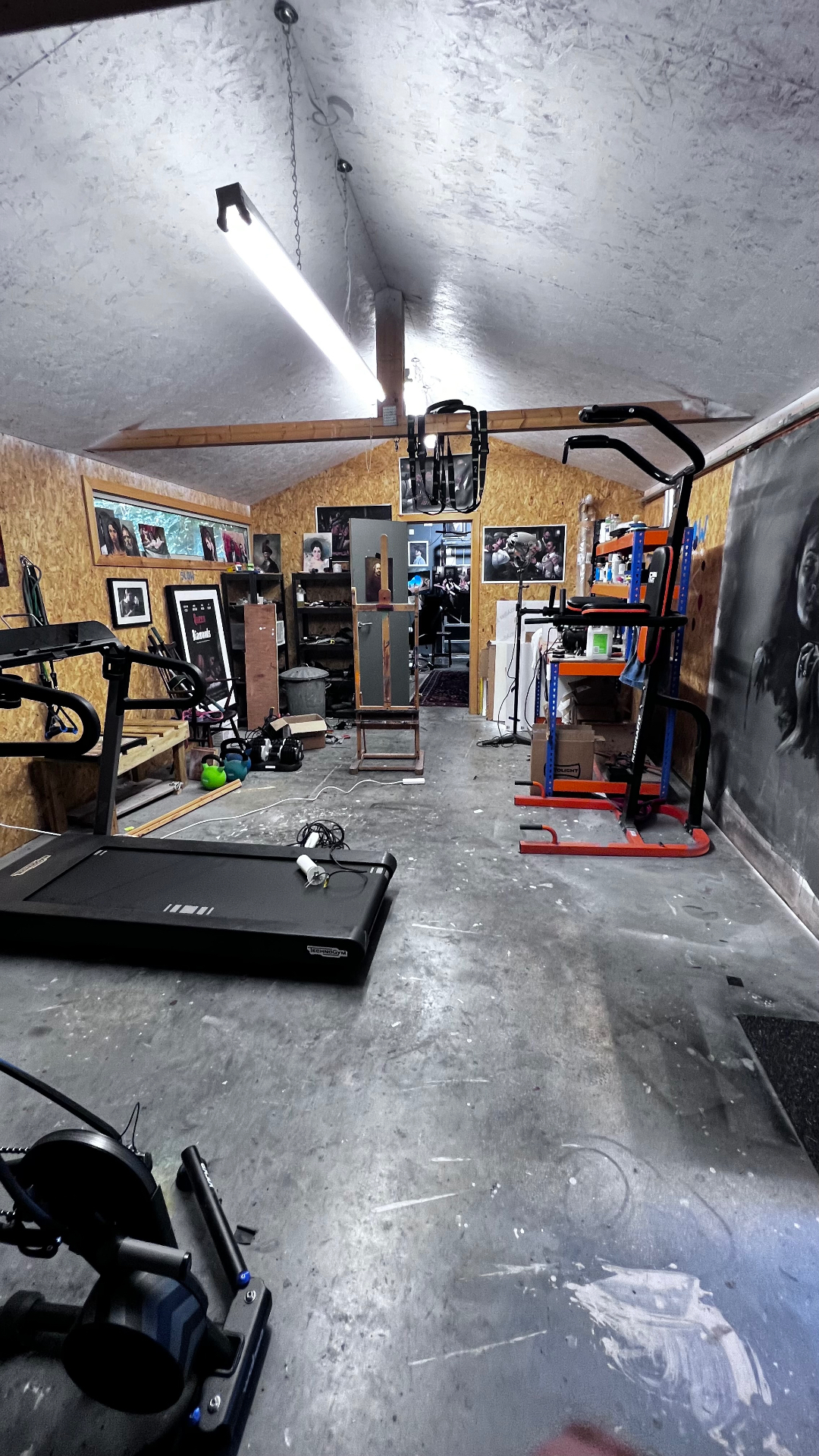 Before: the long view of the original outbuilding with vaulted OSB walls, gym and studio equipment and a bright overhead fluorescent batten.