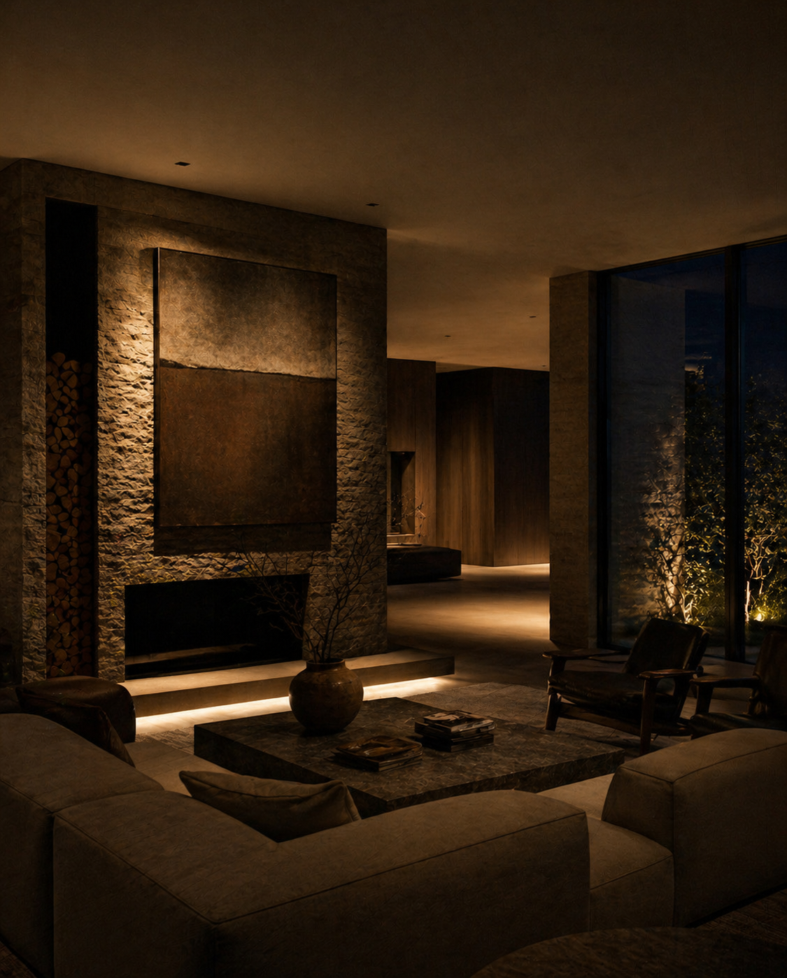 Residential visual study of a dark living room with a textured stone chimney wall, light close to floor level and illuminated planting beyond the glazing.