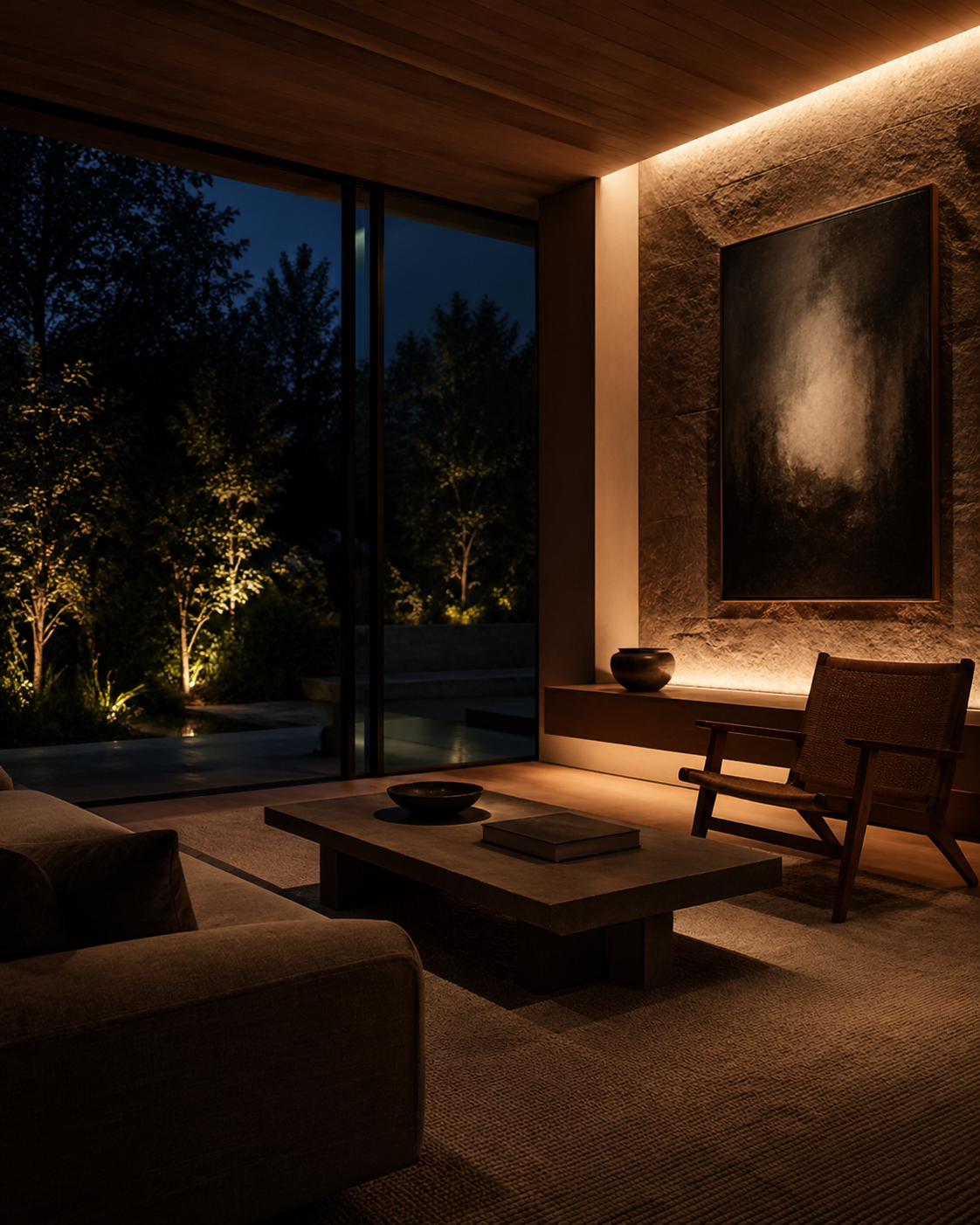 Residential visual concept of a living room after dark, with warm stone, artwork and concealed lighting.