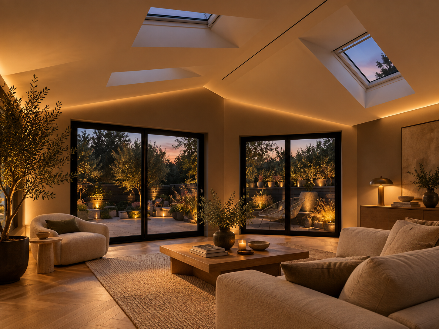 Warmly lit contemporary living room opening onto a layered garden at dusk.